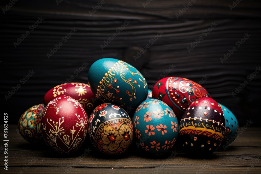 Easter eggs on wooden background - generative ai Easter eggs on wooden background - generative ai