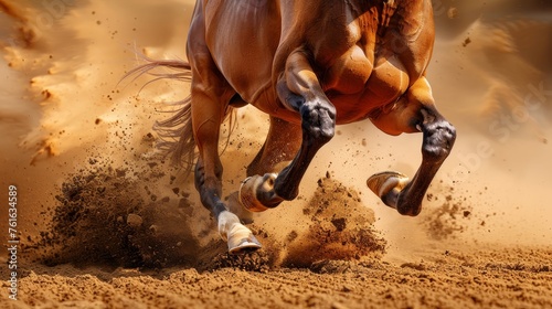 Exciting horse race betting scene close up of galloping hooves viewed from below in intense action