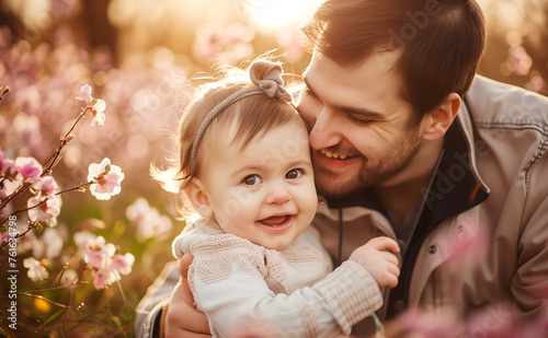 Sweet cute baby girl sitting in her father's arms. A tender relationship with daddy. Daddy's Day. Daddy hugs his little daughter. Happy daddy and daughter. Daughter and father playing in spring garden