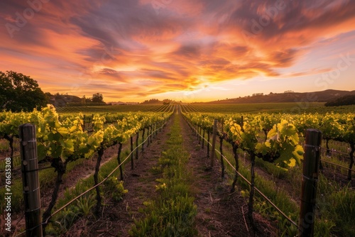 A vineyard with a beautiful sunset in the background