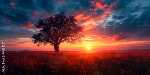 Solitary Tree in a Sea of Blossoms: Majestic Sunset Backdrop