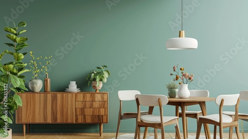 Stylish dining room featuring a round table with white wooden chairs near brown cabinet texture and houseplant in pot on green mint wall background. modern eatery space photo