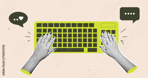 concept of text writing, correspondence, chat. Collage of keyboard and hands in retro halftone style