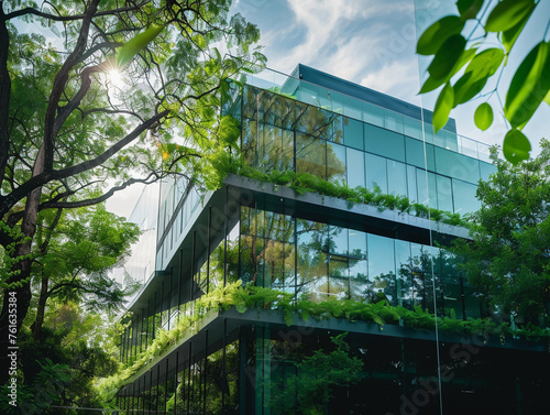 Eco-friendly glass office featuring sustainable building with green environment and trees 