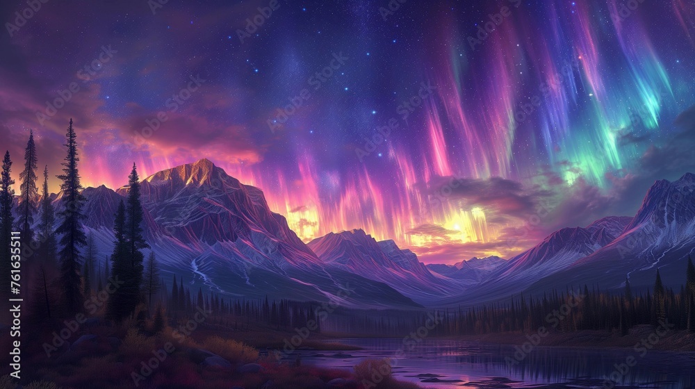 Aurora Borealis Over Mountain Range, generative ai