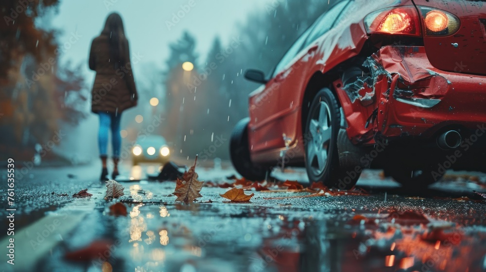 A somber scene captures a car's backend severely damaged in a crash on a wet street as a woman walks away in rain - obrazy, fototapety, plakaty 