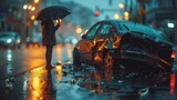 A somber scene capturing the aftermath of a car crash on a wet, rainy street with emergency lights in the background
