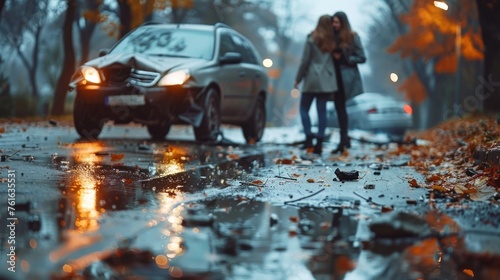 A distressed couple embraces beside a crashed car on a rainy street filled with autumn leaves