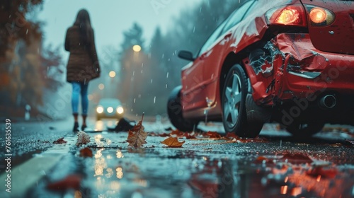 A somber scene captures a car's backend severely damaged in a crash on a wet street as a woman walks away in rain photo
