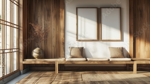 Simple living space featuring a natural long wooden bench cushion Japanese style with a brown pillow near a dry tree on a pot, Two blank wooden frames on a wood wall texture