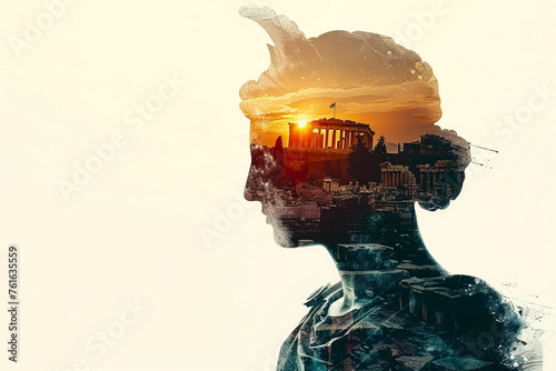Blending Classical Beauty: A Stunning Double Exposure of a Greek Goddess Statue and the Parthenon
