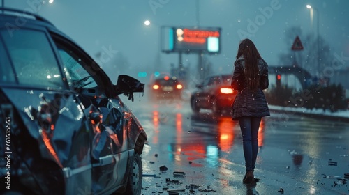 Evocative image captures a car with side damage in the rain with a woman standing in the distance under city lights photo