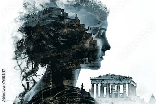 Classical Fusion: A Stunning Double Exposure of Greek Goddess and Parthenon