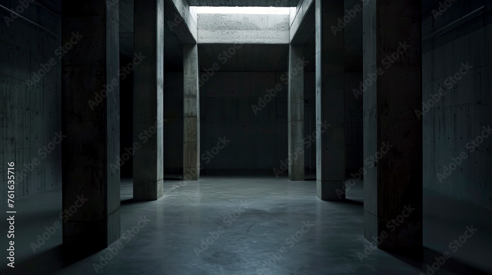 Obraz premium Abstract Geometry: Sunlight Filters Through Window, Casting Shadows on Weathered Concrete Walls in Empty Room