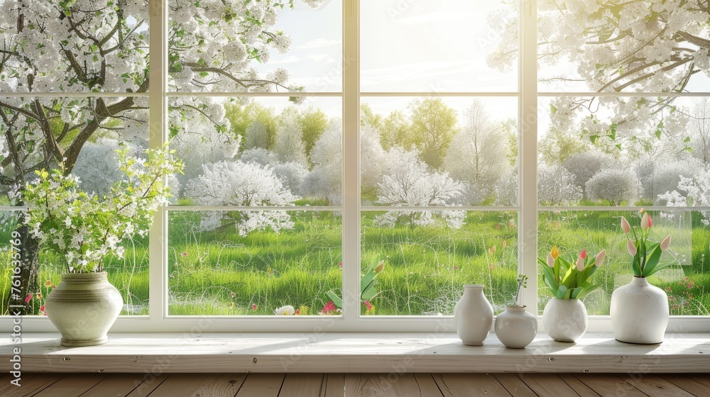 spring on the window sill, featuring a modern window with a view of a vibrant spring field in the yard, ensuring realistic photography in light colors. spring on the window sill, featuring a modern window with a view of a vibrant spring field in the yard, ensuring realistic photography in light colors.