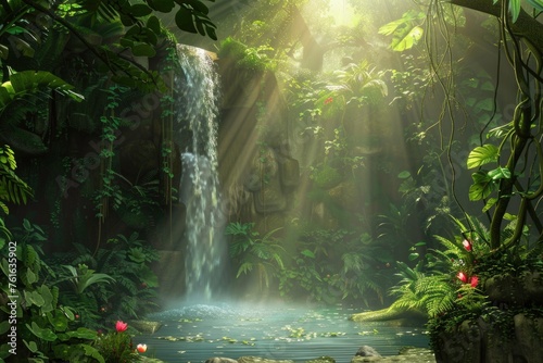 A lush green jungle with a waterfall and a pond