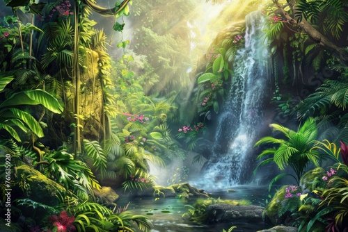 Fototapeta Naklejka Na Ścianę i Meble -  A lush jungle with a waterfall and a river