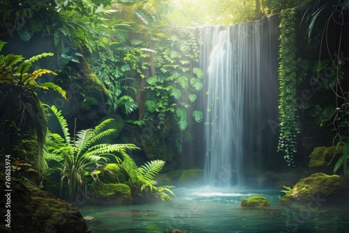 A lush green forest with a waterfall
