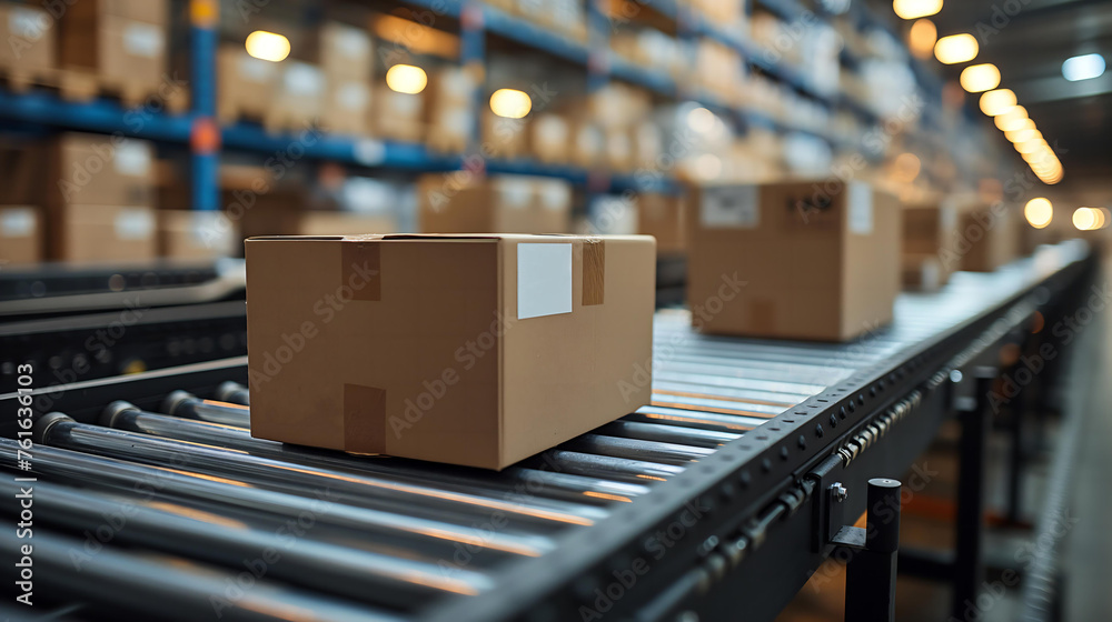 A conveyor belt with boxes on it. The boxes are brown and have white stickers on them, AI generative