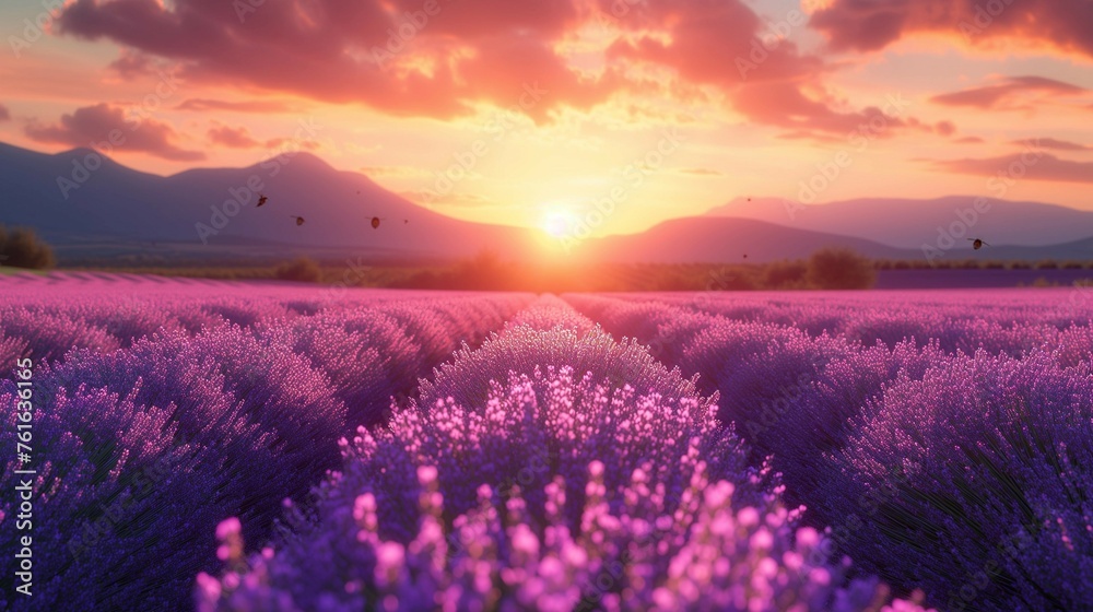 Fototapeta premium Serene Sunset Glow Over Lavender Field, generative ai