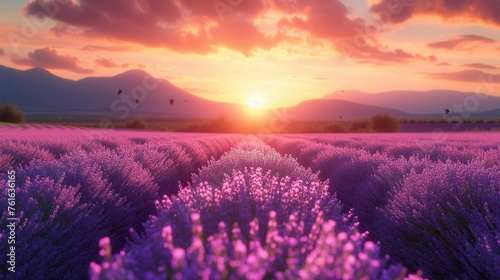 Serene Sunset Glow Over Lavender Field, generative ai
