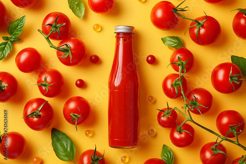 Tomato Sauce Bottle Surrounded by Fresh Tomatoes © Ala