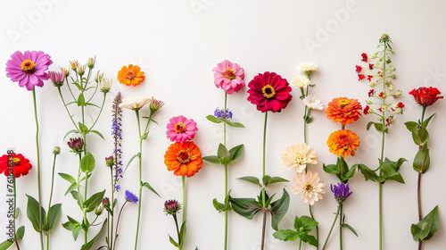 A charming arrangement of vibrant snapdragons, cosmos, and zinnias on a pure white background