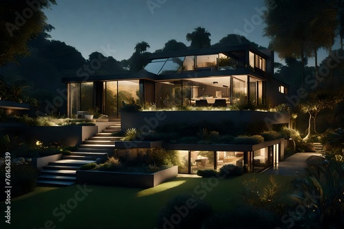 modern house in night with pool