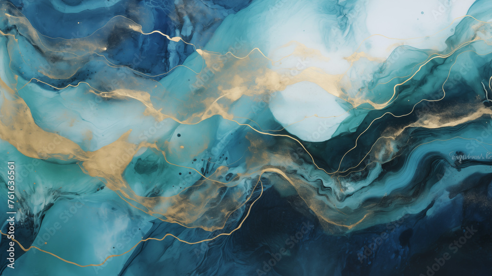 Golden Swirls in Ocean Blue Abstract Background