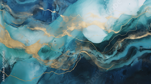 Golden Swirls in Ocean Blue Abstract Background
