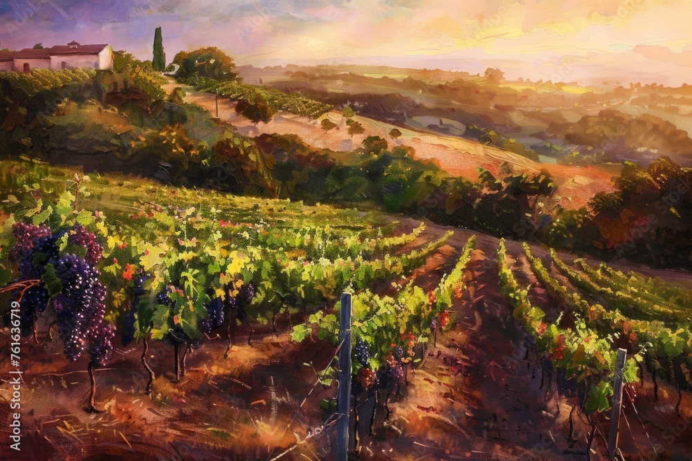 A painting of a vineyard with a house in the background