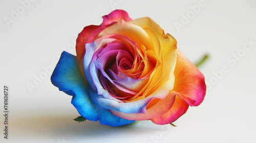   close-up of a single  vividly coloured rose against a stark white background  revealing all of its fine details