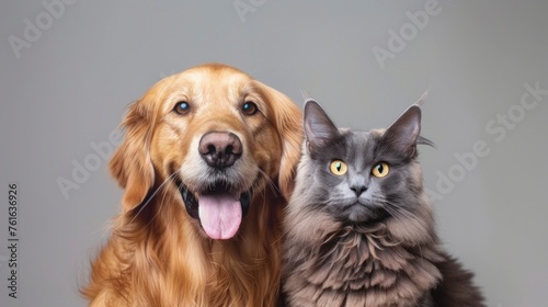 portrait of a cute dog and cat sitting on gray background in high resolution and high quality. animals concept © Marco