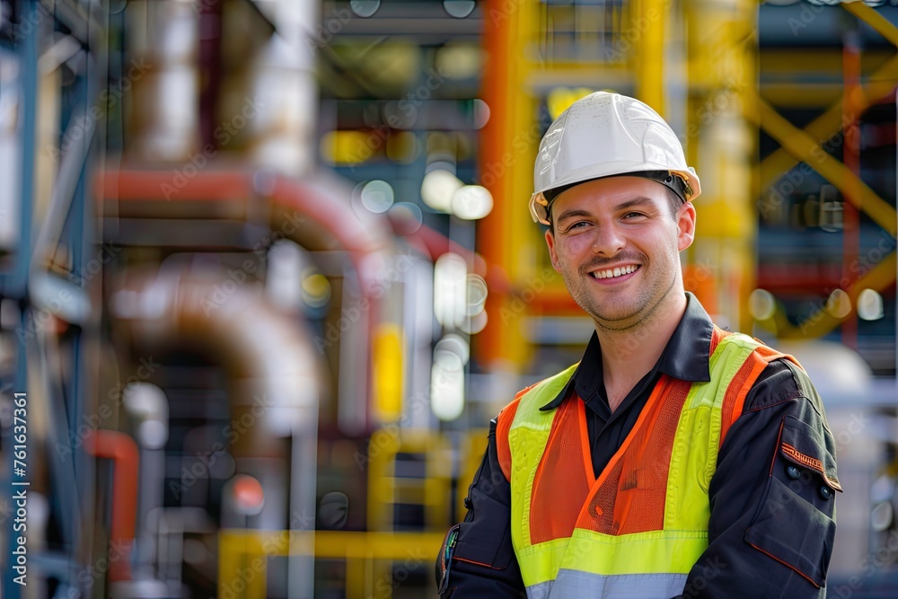 Portrait worker man in a safety vest and hard hat is smiling for the camera Portrait worker man in a safety vest and hard hat is smiling for the camera