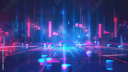 Futuristic cityscape with neon lights and data bars