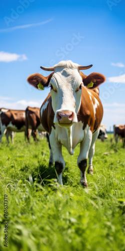 Curious Holstein Cow Standing in a Green Meadow, Grazing on Fresh Grass under a Sunny Blue Sky
