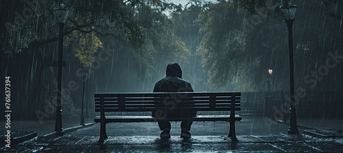 An image of depression showing a woman sitting on an abandoned bench in a rainy park photo