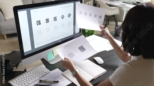 Asian Graphic designer working in office. Designing logo Artist Creative Designer Illustrator Graphic Skill Concept.