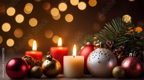 Christmas candle and decorations. Bokeh background. Generative AI