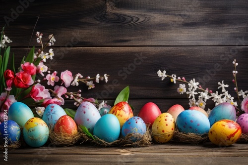 Easter eggs on wooden background - generative ai