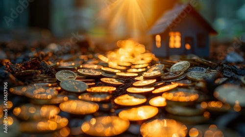 A maze of golden coins leading to a small  shining house  representing the journey to property ownership