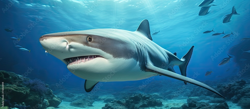 Fototapeta premium An Electric blue Lamnidae shark is gracefully swimming underwater near a coral reef, with its fin cutting through the fluid ocean water