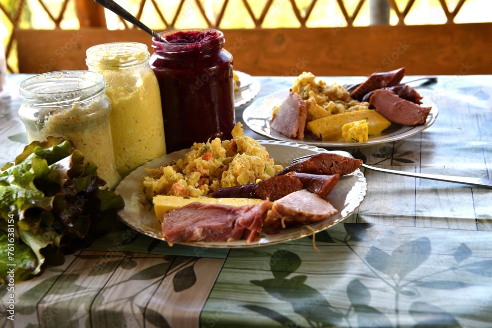 Typical Slovak Easter food, sacred cheese, ham, eggs, sausage and beetroot