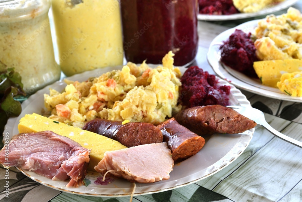 Typical Slovak Easter food, sacred cheese, ham, eggs, sausage and beetroot