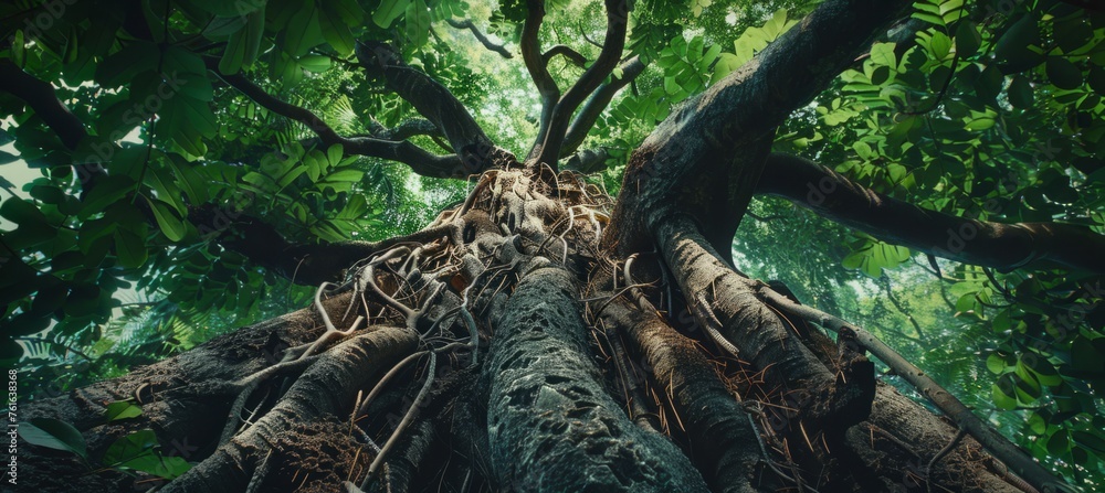 A panoramic view of the roots and trunk of an ancient tree, with lush green leaves and thick branches reaching towards the sky Generative AI - obrazy, fototapety, plakaty 