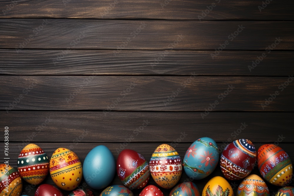 Easter eggs on wooden background - generative ai - obrazy, fototapety, plakaty 