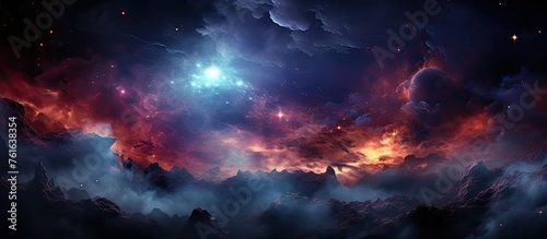 A vibrant painting capturing a colorful galaxy in the night sky, with swirling clouds, atmospheric water vapor, and distant astronomical objects on the horizon