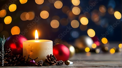 Christmas candle and decorations. Bokeh background. Generative AI