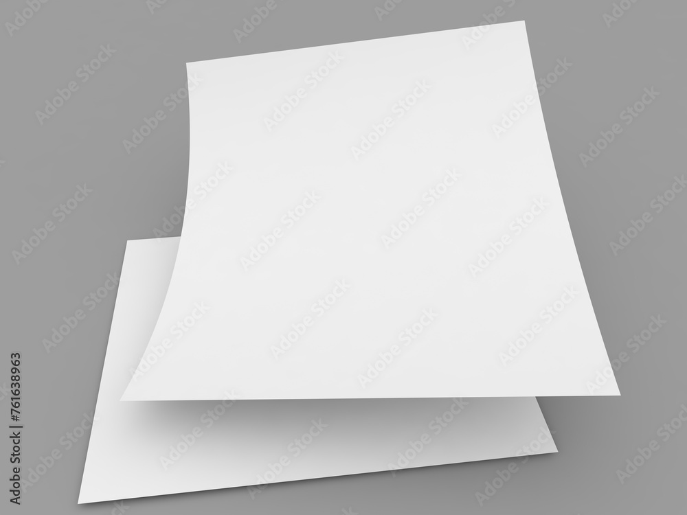 Two sheets of A4 paper on a gray background. 3d render illustration.