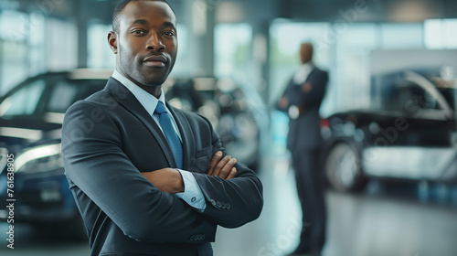 Verkauftechniken als Autoverkäufer im Gespräch mit interessierten Kunden die ein Auto kaufen möchten führen Verkaufsgespräch Generative AI photo